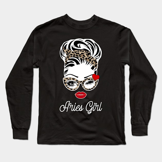 Womens Aries Girl Wink Eye Woman Face Bandana Leopard Was Born In March Long Sleeve T-Shirt by gussiemc